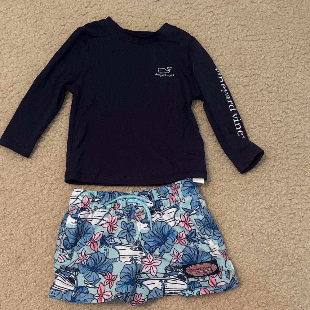 Vineyard Vines Kids' Dark Blue Rashguard with Floral Shorts